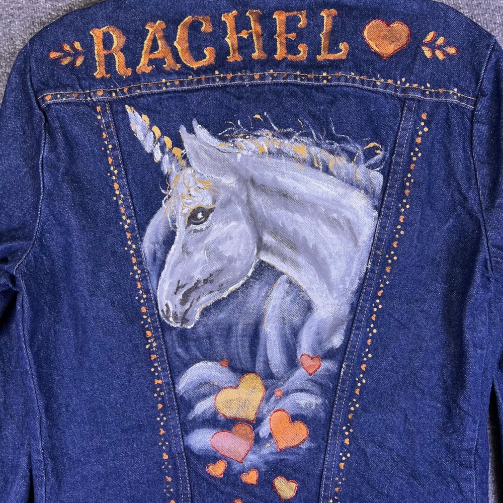 VTG Rustler Denim Jacket Mens Med Womens Custom Rachel Hand Painted Unicorn READ - Picture 9 of 16